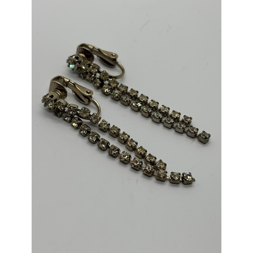 Vintage Rhinestone Earrings in‎ Silver Tone Cute Party Vibes Clip On Dangle